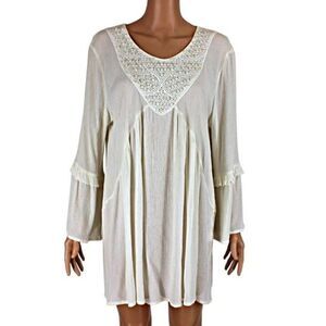 Peasant Top Cottagecore Crinkle Ruffled Bell Sleeves Pearl Bodice Beige Size LG